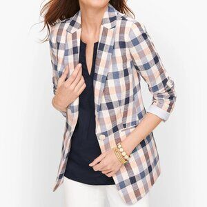 Talbots Womens 14P Blue Pink White Checkered Vivid Plaid Blazer Cotton Blend